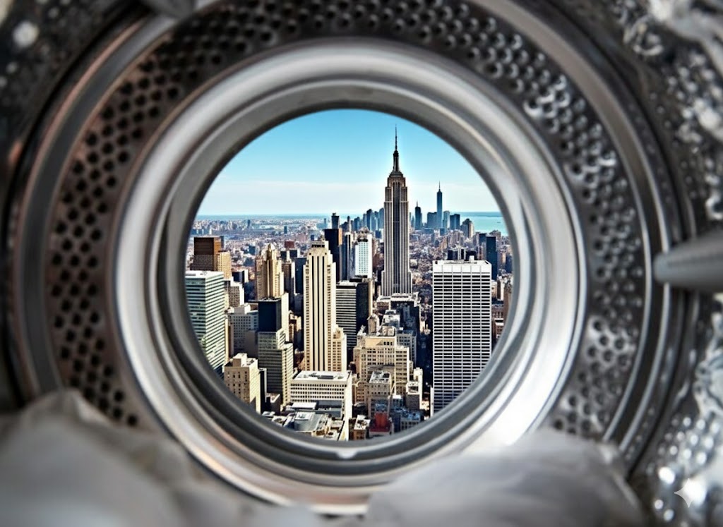 Interior da lavanderia NY Wash em Guarulhos com máquinas de lavar industriais